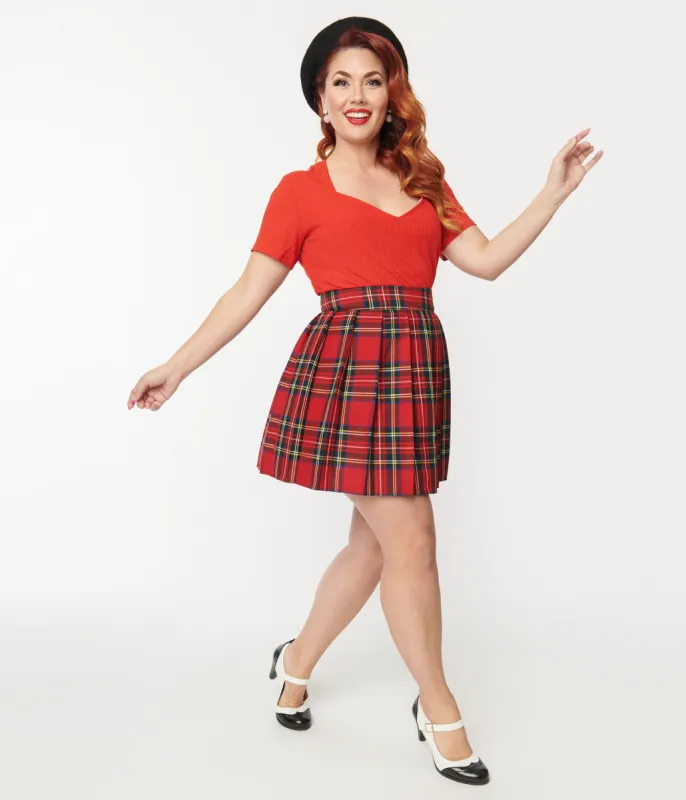 Plus Size Red Plaid Pleated Mini Skirt sold by Unique Vintage