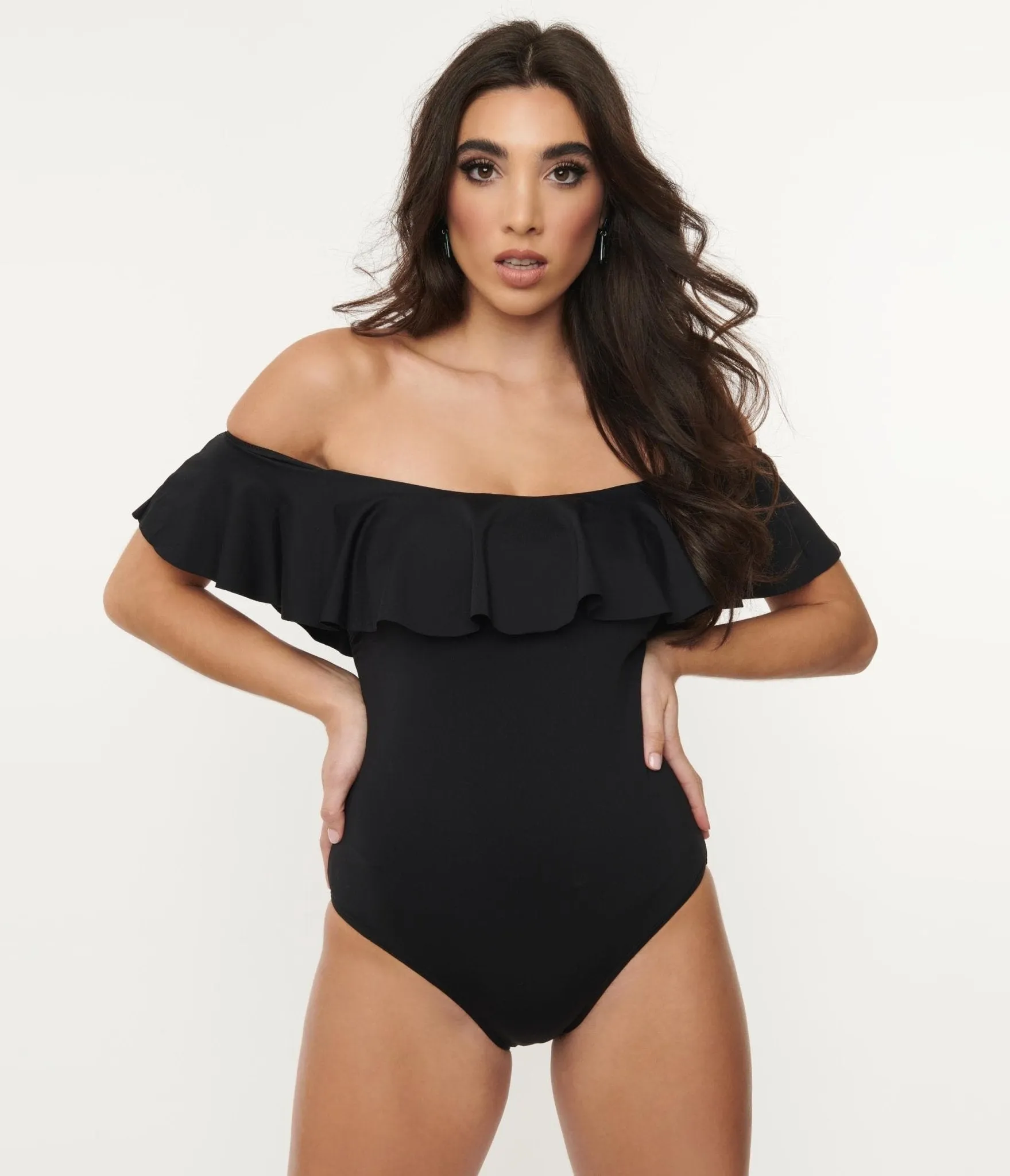 1970s Black Off Shoulder Ruffle Swimsuit sold by Unique Vintage product image thumbnail 3