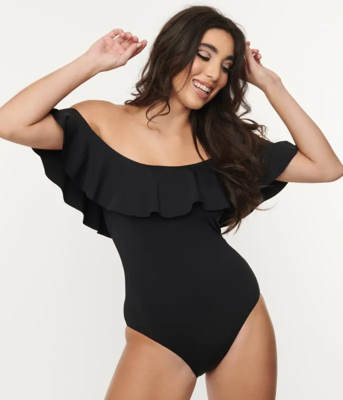 1970s Black Off Shoulder Ruffle Swimsuit sold by Unique Vintage
