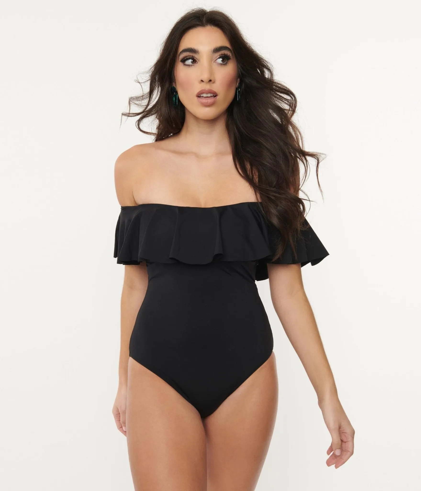 1970s Black Off Shoulder Ruffle Swimsuit sold by Unique Vintage product image thumbnail 5