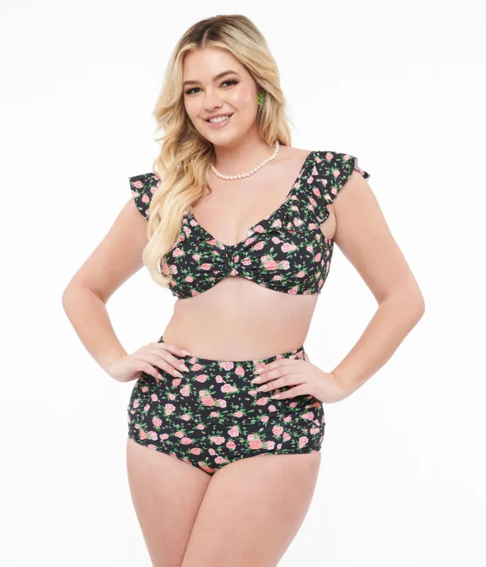 Black & Rose Print Two Piece Swim Set sold by Unique Vintage