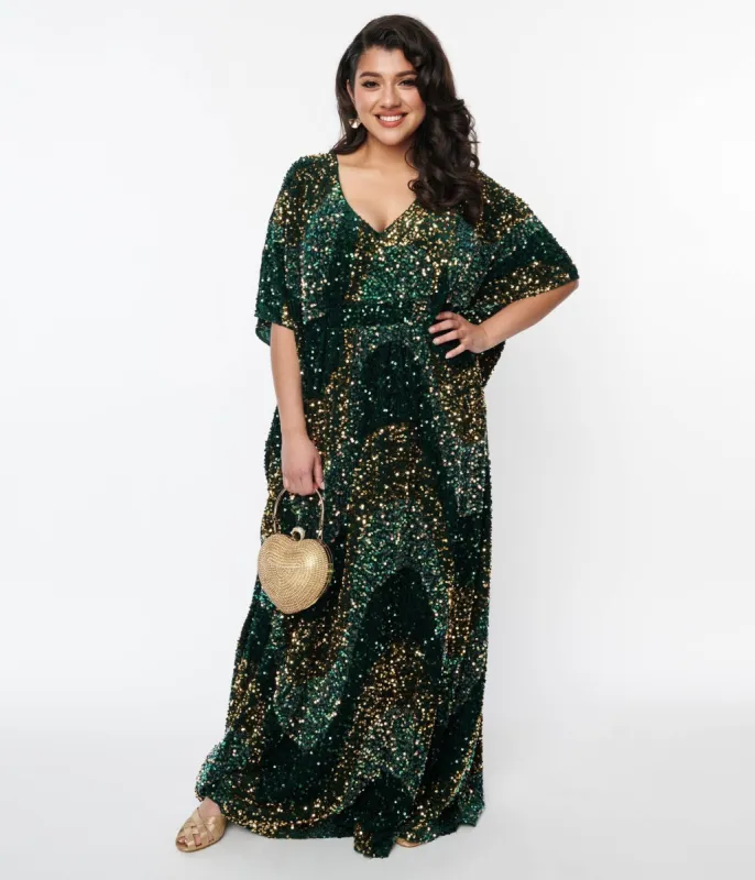 Unique Vintage Emerald & Gold Sequin Burton Caftan Dress sold by Unique Vintage
