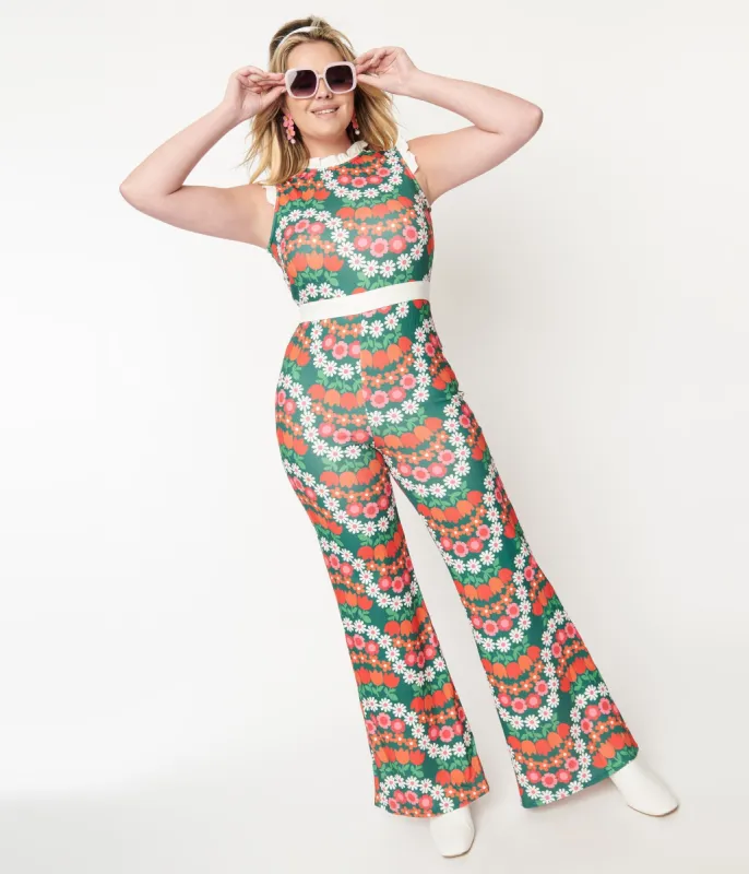 Smak Parlour Green & Red Daisy Chain Back Bow Jumpsuit made by Unique Vintage