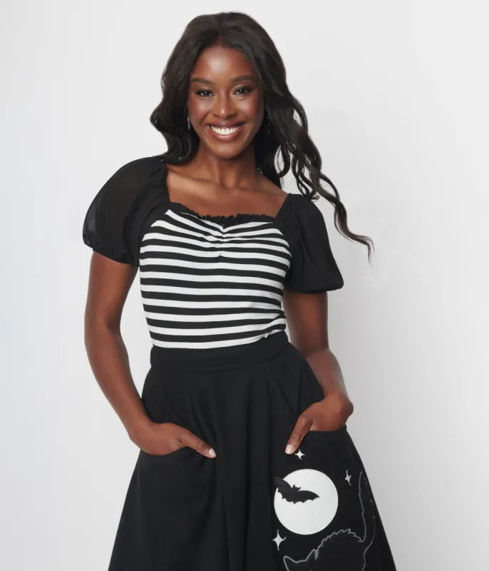 Unique Vintage 1940s Black & White Stripe Chiffon Puff Sleeve Bodysuit sold by Unique Vintage