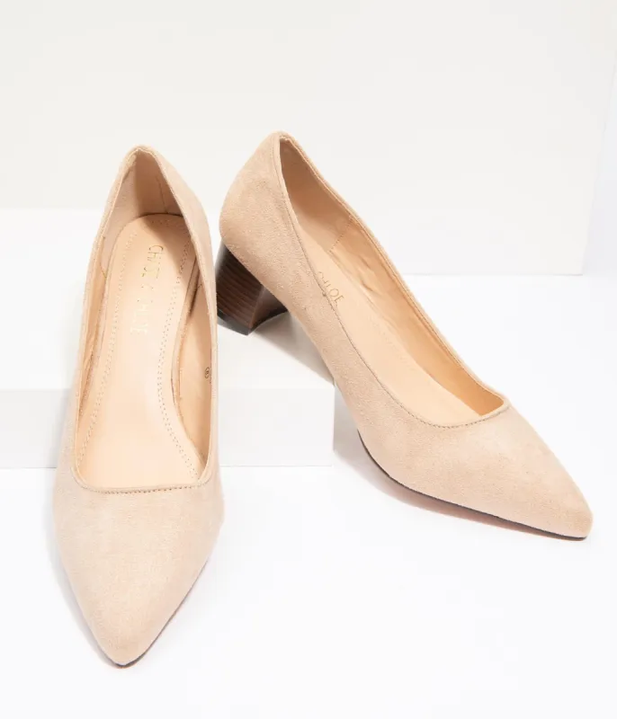 Beige Suede Pointed Toe Stacked Heels sold by Unique Vintage