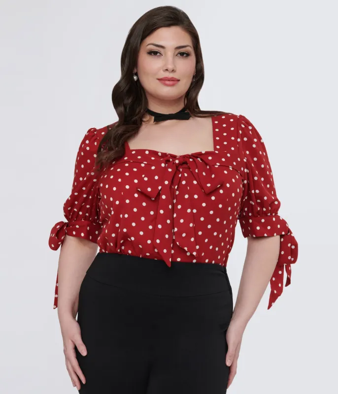 Unique Vintage Plus Size 1950s Red & White Polka Dot Bow Fitted Top sold by Unique Vintage