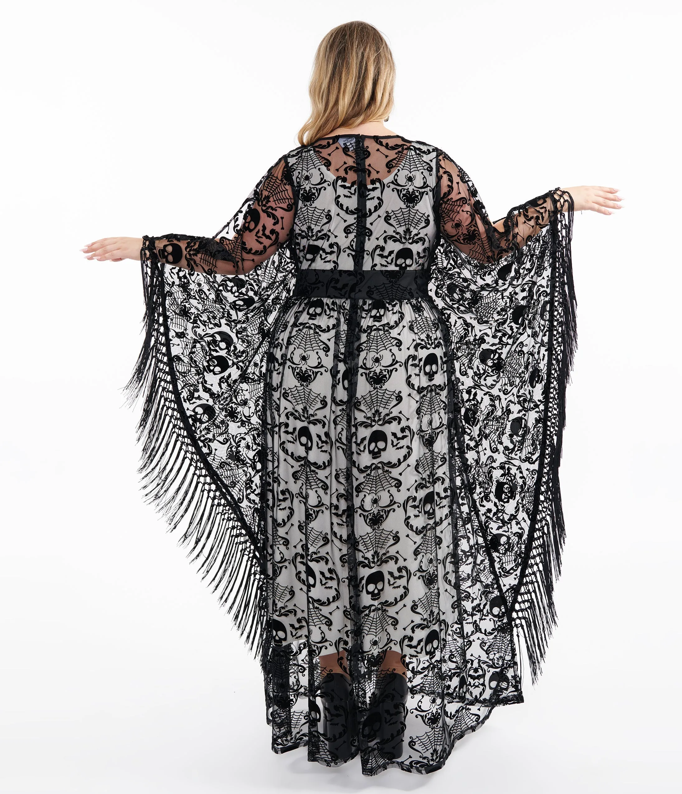 Unique Vintage Plus Size 1960s Black Baroque Skull Burnout Fringe Flutter Sleeve Caftan sold by Unique Vintage product image thumbnail 2