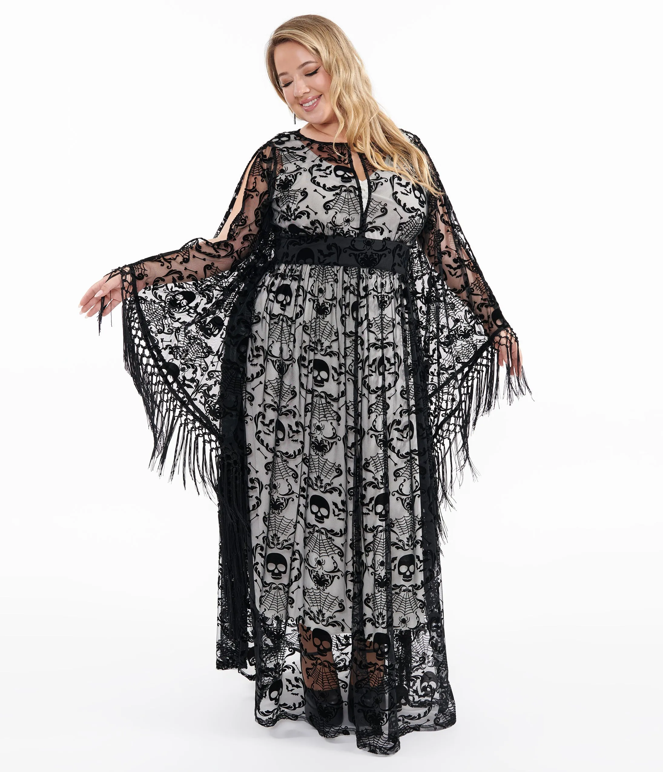 Unique Vintage Plus Size 1960s Black Baroque Skull Burnout Fringe Flutter Sleeve Caftan sold by Unique Vintage product image thumbnail 3