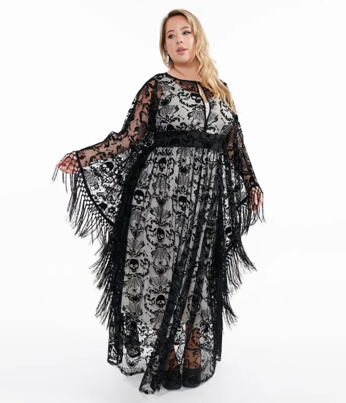 Unique Vintage Plus Size 1960s Black Baroque Skull Burnout Fringe Flutter Sleeve Caftan sold by Unique Vintage