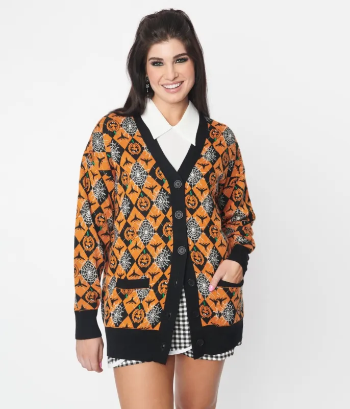 Black & Orange Spooky Argyle Fiona Cardigan sold by Unique Vintage
