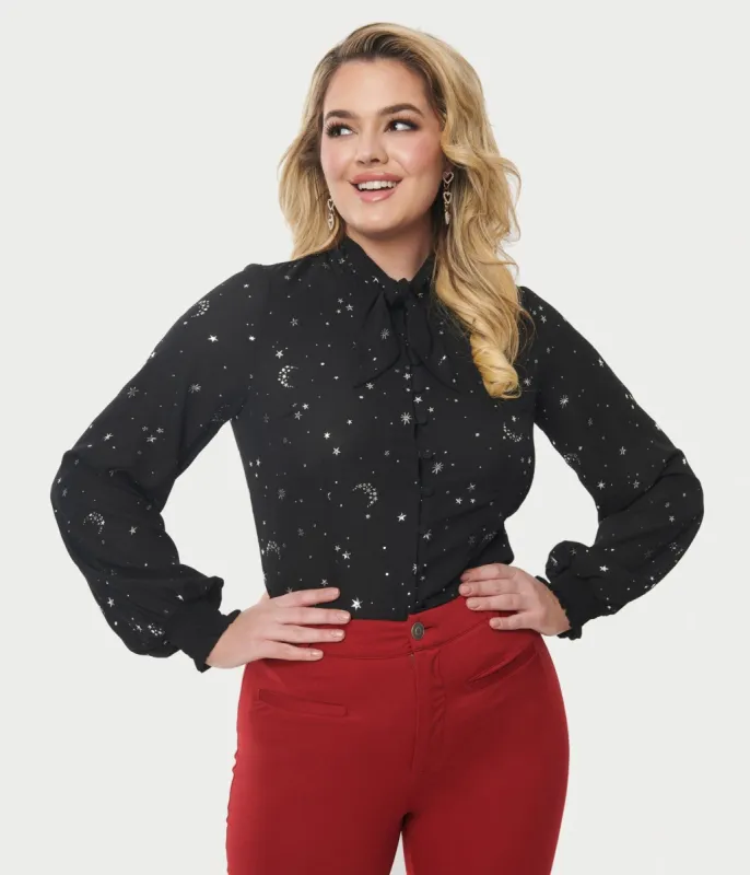 Unique Vintage 1940s Black Moon Star Print Blouse sold by Unique Vintage