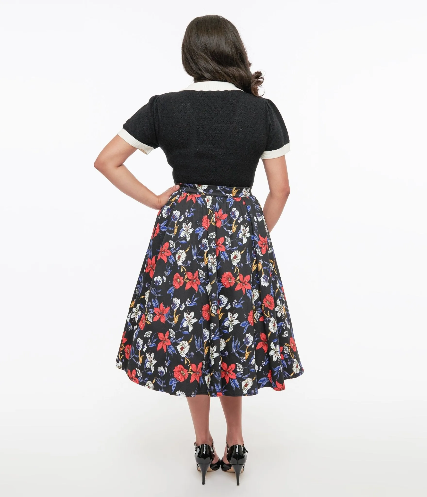 Black Floral Print Milly Swing Skirt sold by Unique Vintage product image thumbnail 3