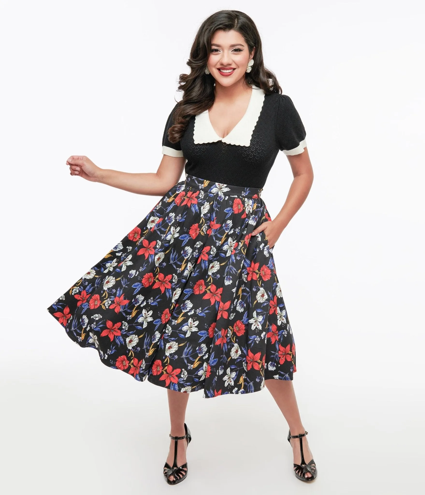 Black Floral Print Milly Swing Skirt sold by Unique Vintage