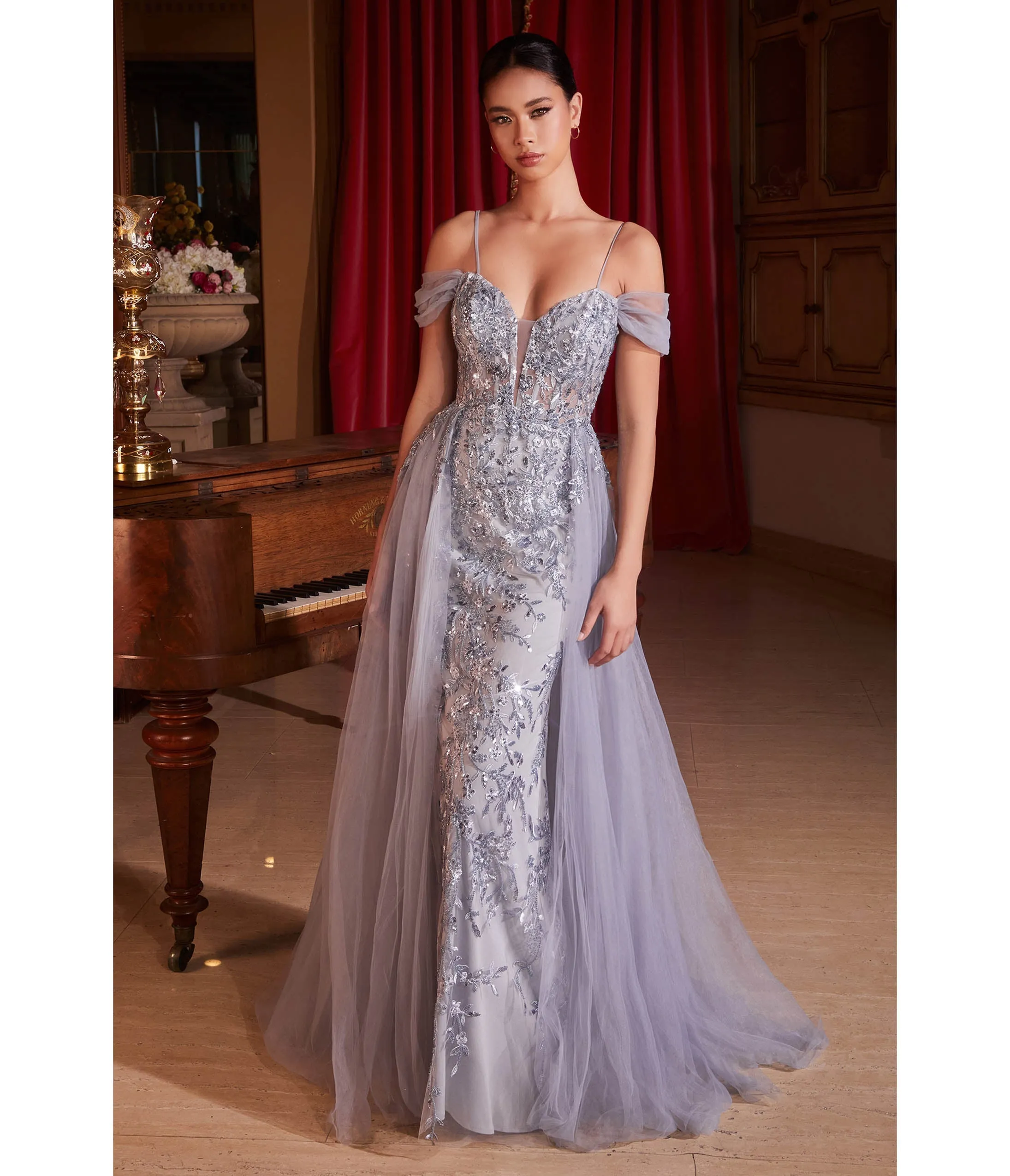 Cinderella Divine Fog Grey Off Shoulder Prom Gown sold by Unique Vintage