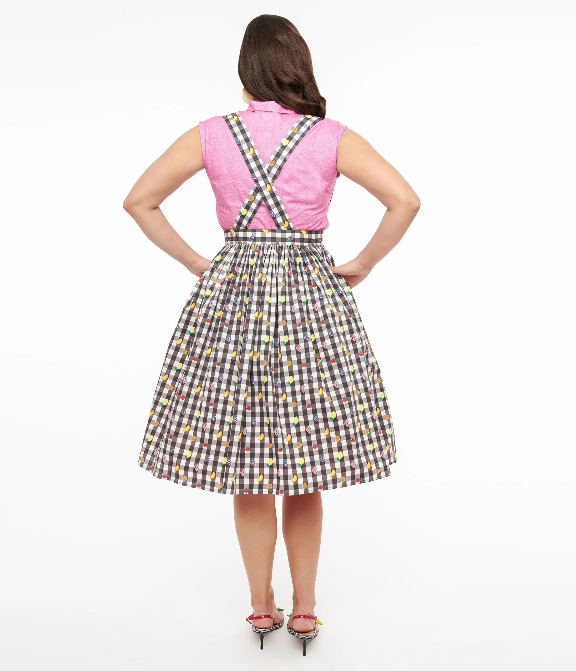 Hell Bunny 1950s Black & White Gingham & Fruit Cotton Pinafore Swing Skirt sold by Unique Vintage product image thumbnail 3