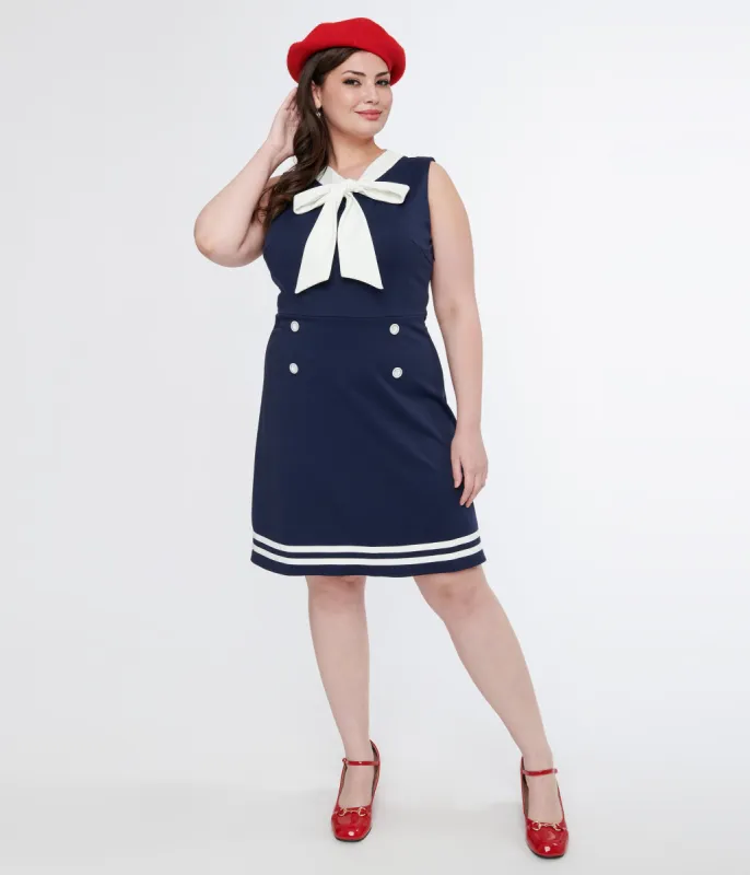 Voodoo Vixen 1950s Navy & White Nautical Bow Dress sold by Unique Vintage