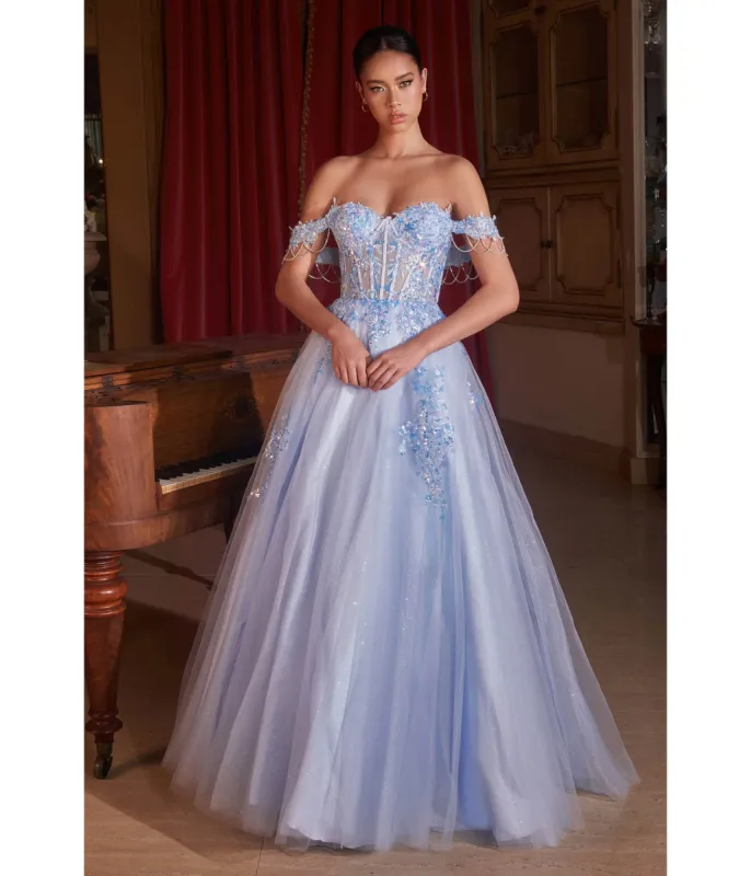 Cinderella Divine Light Blue Off Shoulder Sparkle Flower Prom Gown sold by Unique Vintage