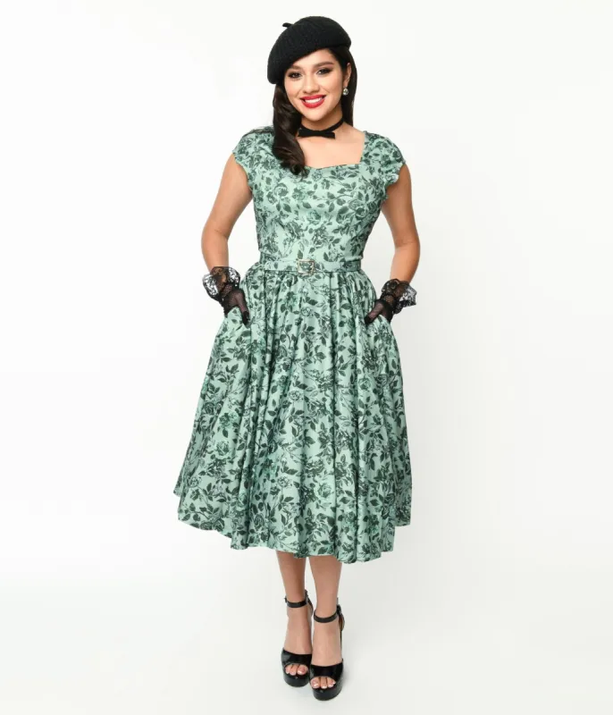 Sage Green & Green Floral Cosmopolitan Swing Dress sold by Unique Vintage