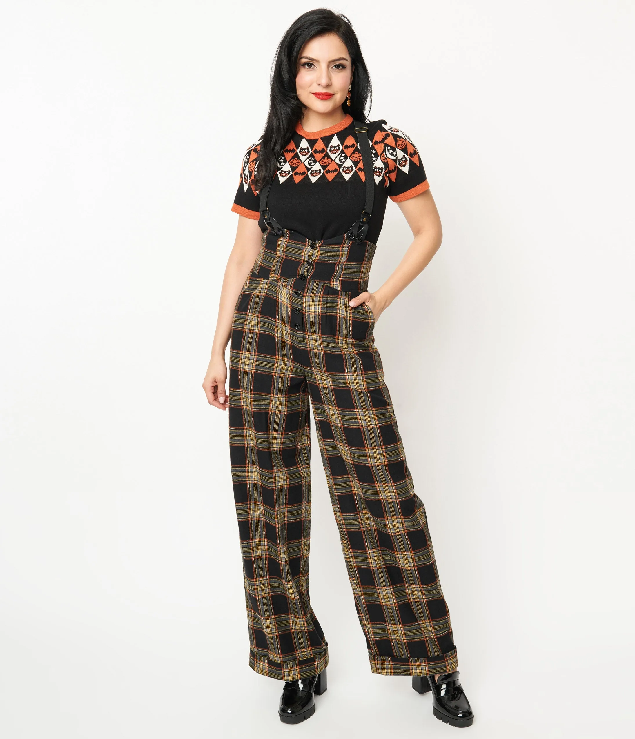 Unique Vintage 1930s Black & Orange Plaid Thelma Suspender Pants sold by Unique Vintage
