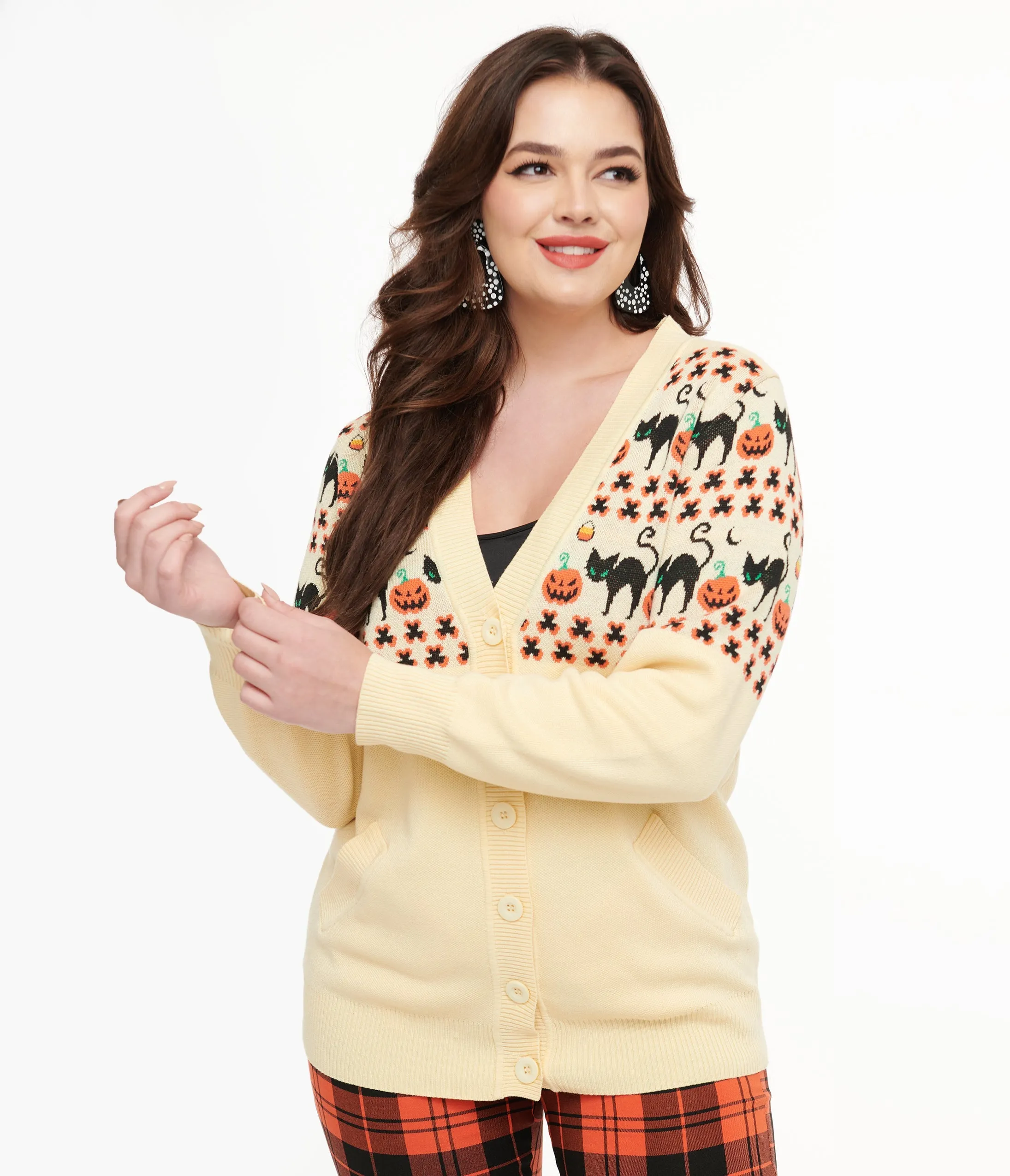 Unique Vintage 1960s Ivory & Orange Halloween Print Cardigan sold by Unique Vintage product image thumbnail 3