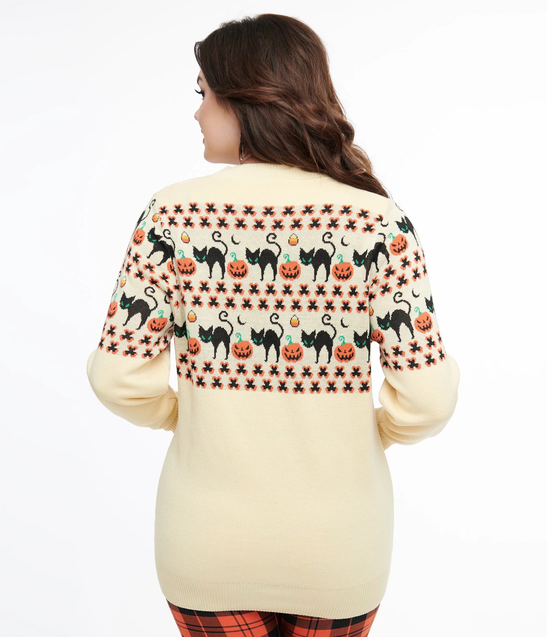 Unique Vintage 1960s Ivory & Orange Halloween Print Cardigan sold by Unique Vintage product image thumbnail 2