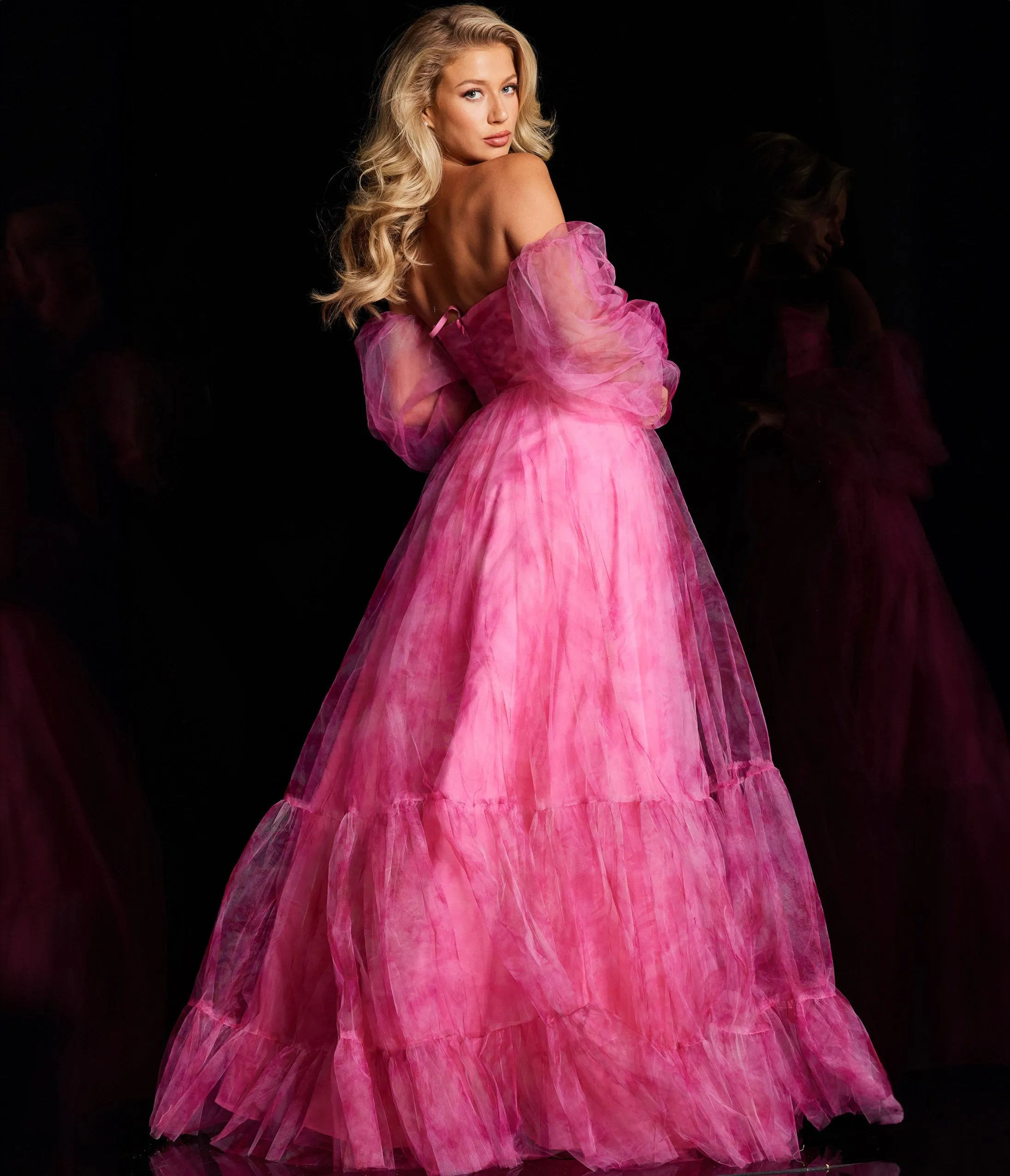 Jovani Fuchsia Off The Shoulder Ruched Organza Ballgown sold by Unique Vintage product image thumbnail 2