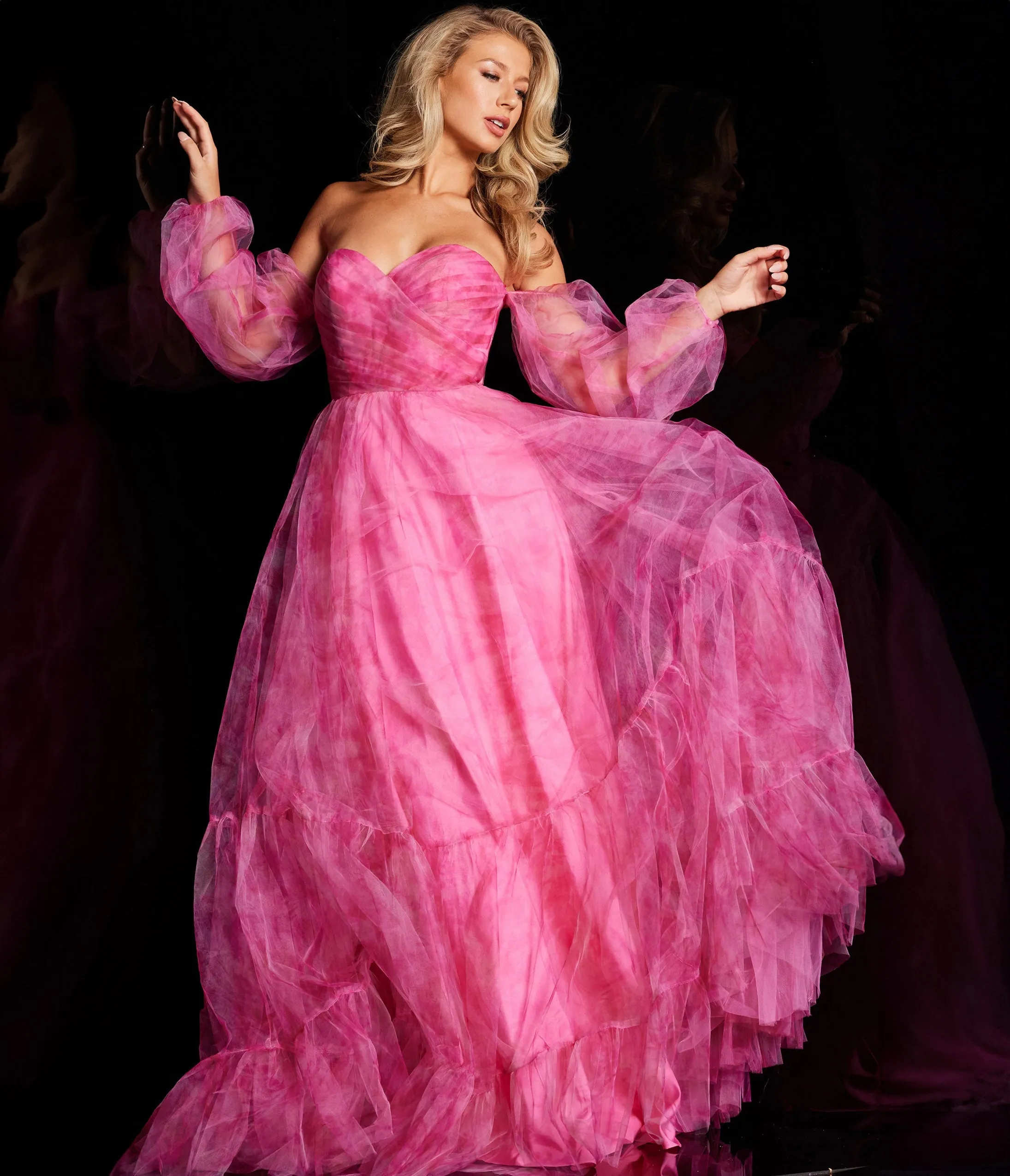 Jovani Fuchsia Off The Shoulder Ruched Organza Ballgown sold by Unique Vintage product image thumbnail 3