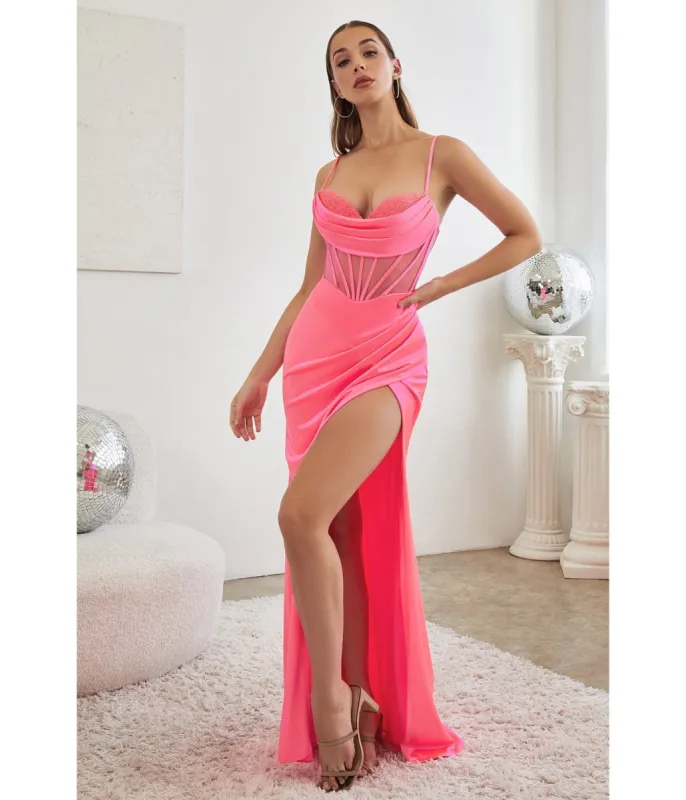 Ladivine by Cinderella Divine Neon Pink Satin Beaded Draped Corset Prom Dress sold by Unique Vintage