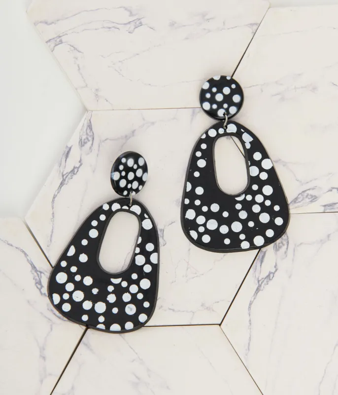 1980s Black & White Polka Dot Drop Earrings sold by Unique Vintage