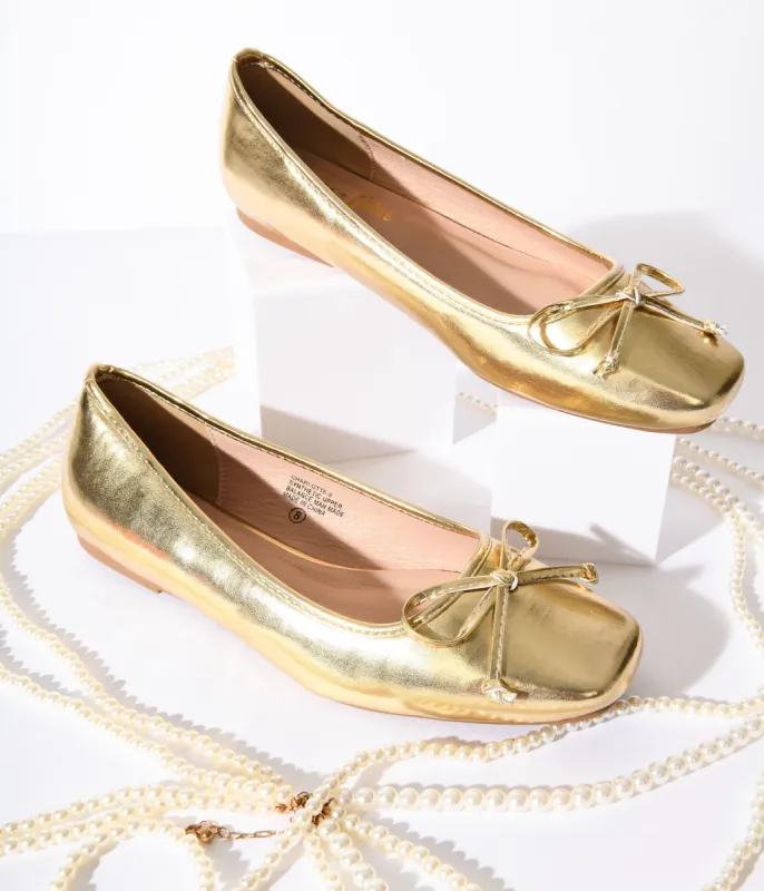 Metallic Gold Leatherette Bow Flats sold by Unique Vintage