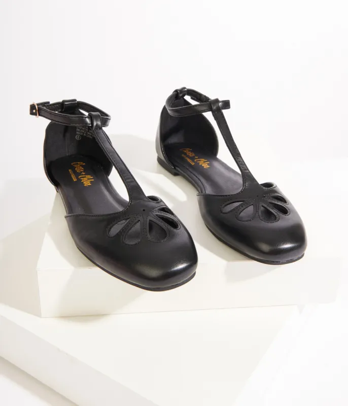 1920s Style Black Leatherette T-Strap Flats sold by Unique Vintage