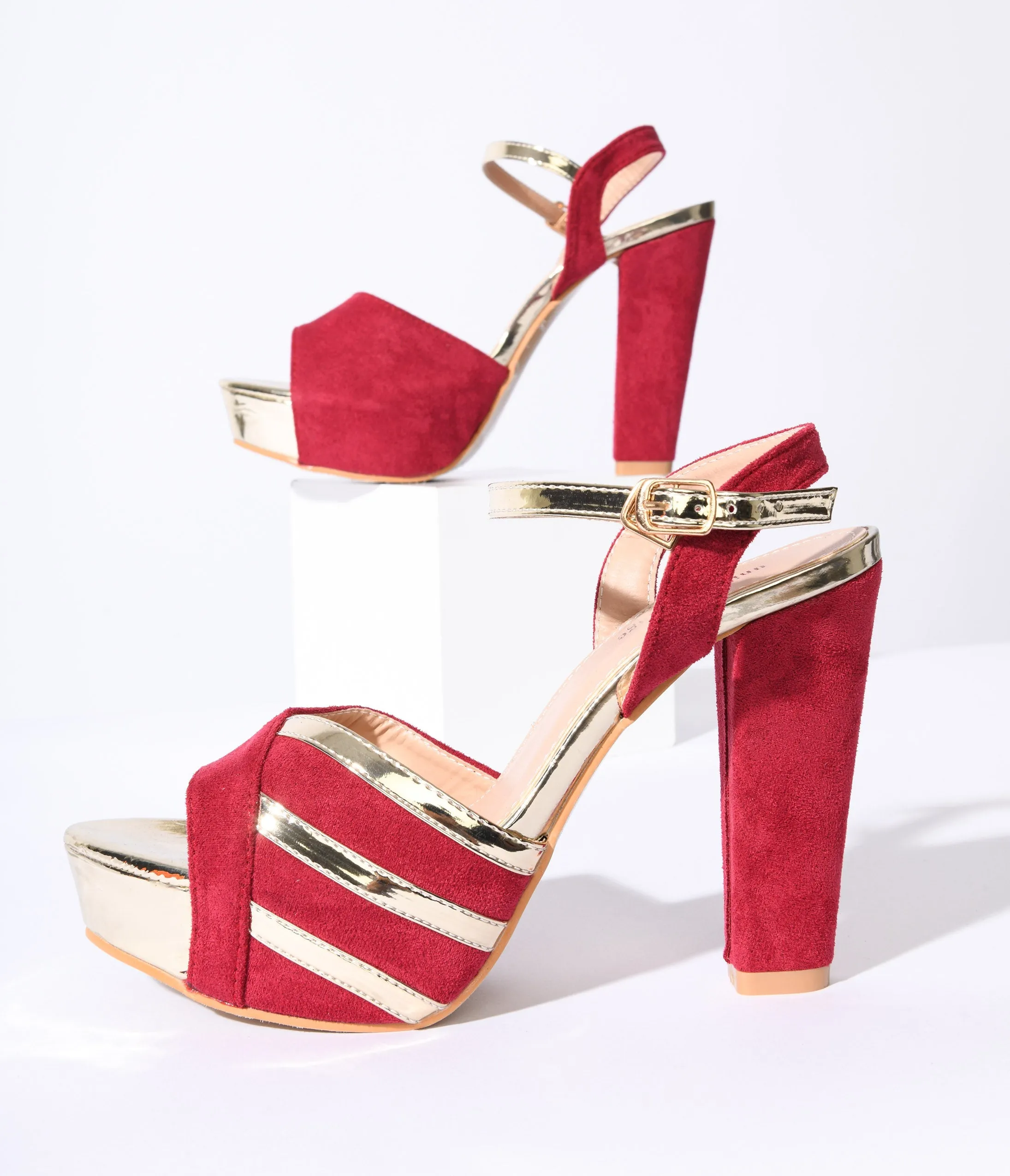 Unique Vintage Metallic Gold & Red Suede Platform Heels sold by Unique Vintage
