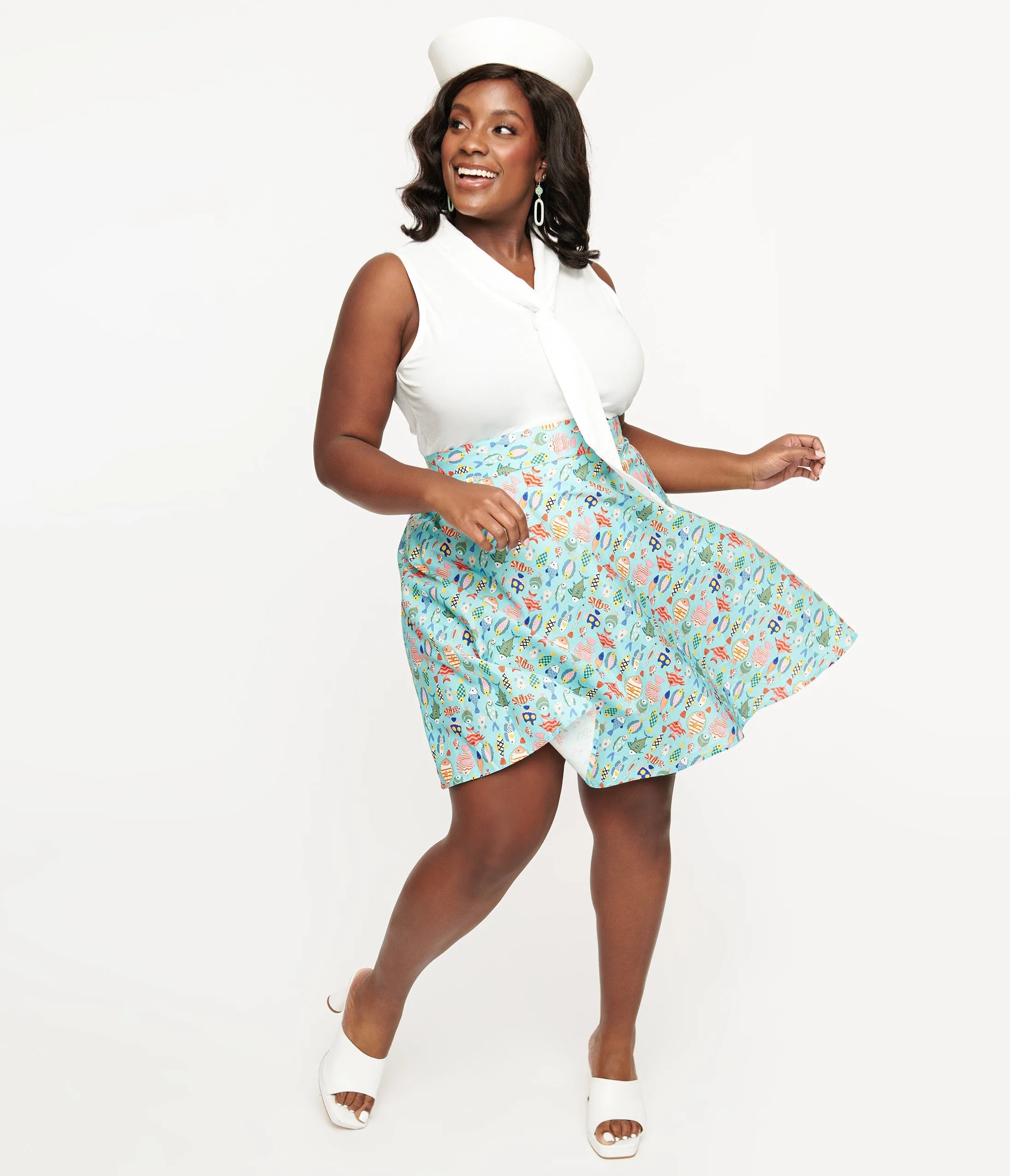 Retrolicious Plus Size 1950s Blue & Multicolor Fish Print Cotton Skater Skirt sold by Unique Vintage