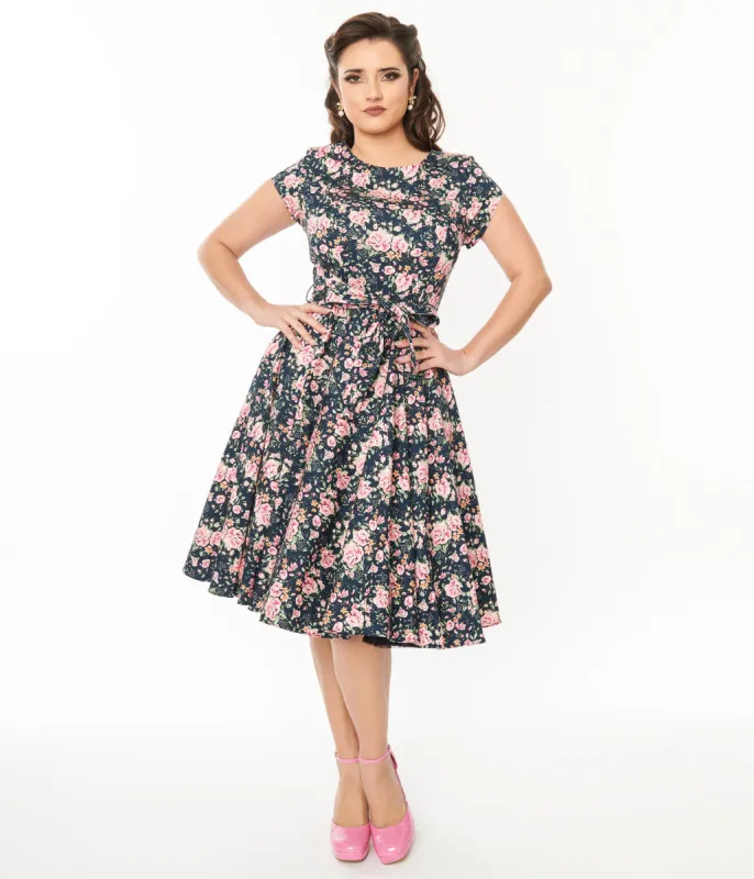 Black & Pink Floral Cleo Swing Dress sold by Unique Vintage