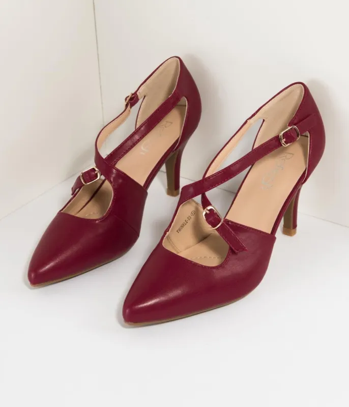 Wine Red Leatherette Cross Strap Pointed Toe Pumps sold by Unique Vintage
