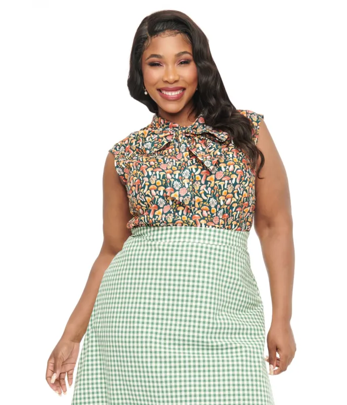 Retrolicious Plus Size 1950s Forest Green Mushroom Print Cotton Bow Top sold by Unique Vintage