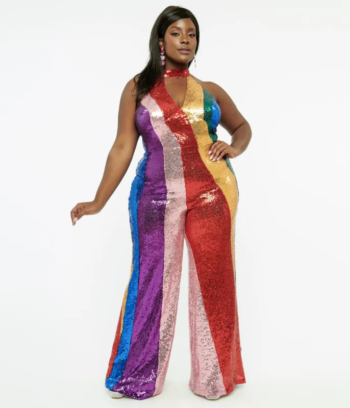 Smak Parlour Plus Size 1960s Rainbow Sequin Glamour Goddess Jumpsuit sold by Unique Vintage