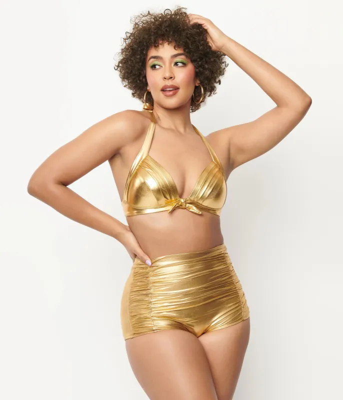 Unique Vintage Gold Monroe Halter Swim Top sold by Unique Vintage