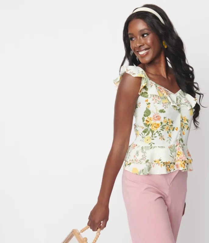 Cream Floral Ruffled Kailey Top sold by Unique Vintage