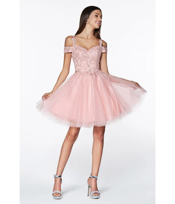 Ladivine by Cinderella Divine Blush Glitter Tulle Cold Shoulder Homecoming Dress sold by Unique Vintage