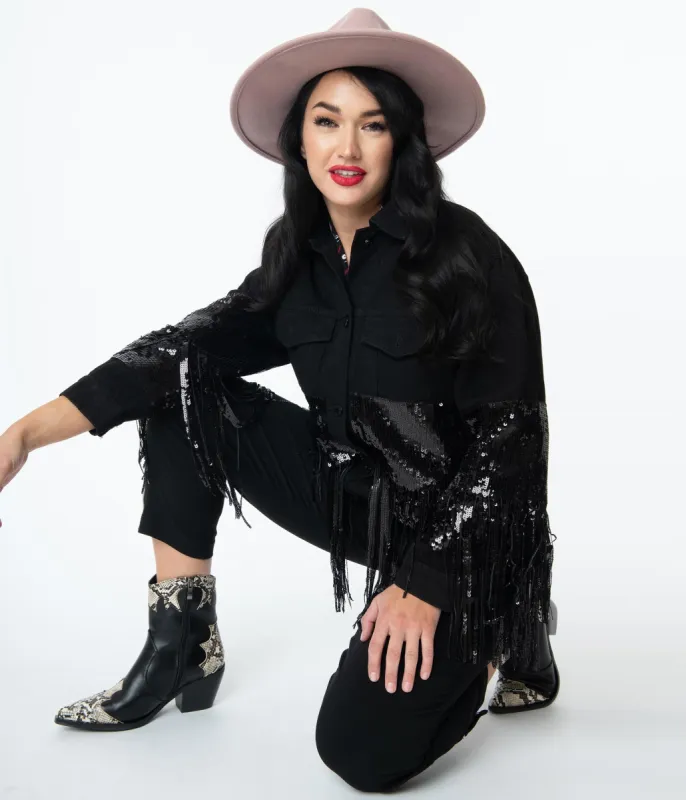 Black Sequin Fringe Denim Jacket sold by Unique Vintage