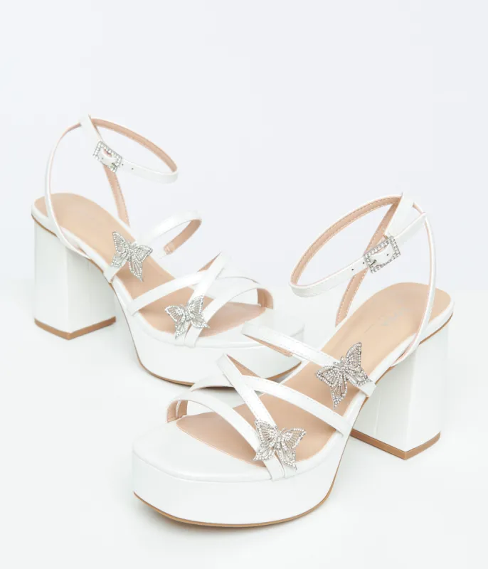 White Leatherette & Rhinestone Butterfly Platform Sandals sold by Unique Vintage