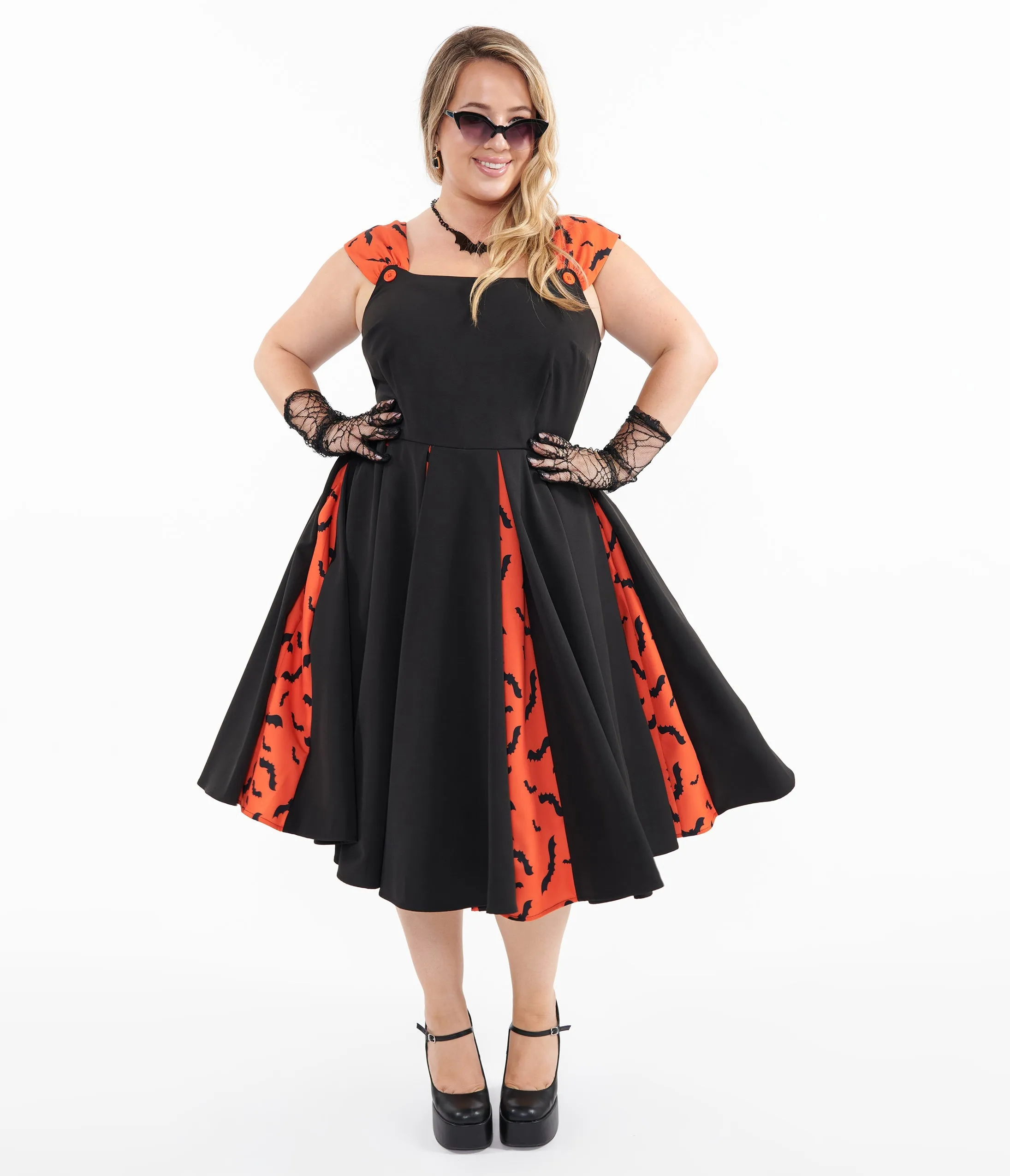 Unique Vintage Plus Size 1950s Orange & Black Bat Stripe Swing Dress sold by Unique Vintage product image thumbnail 3
