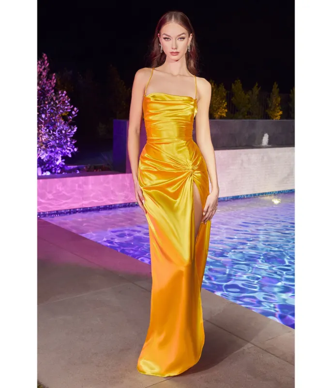 Cinderella Divine  Yellow Draped Satin Slit Bridesmaid Dress sold by Unique Vintage