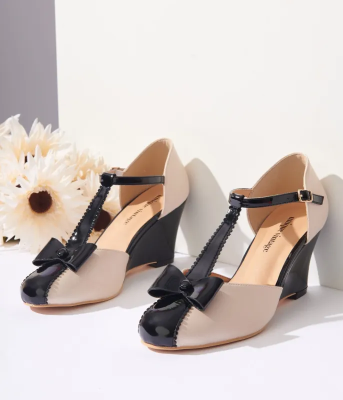 Unique Vintage 1920s Cream & Black Bow T-Strap Wedges sold by Unique Vintage