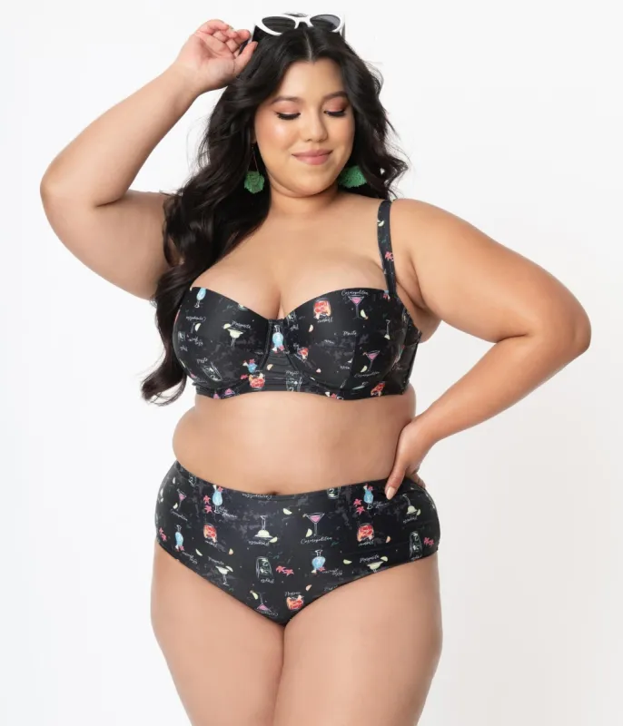 Collectif Plus Size Black & Cocktail Menu Print Swim Bottom sold by Unique Vintage