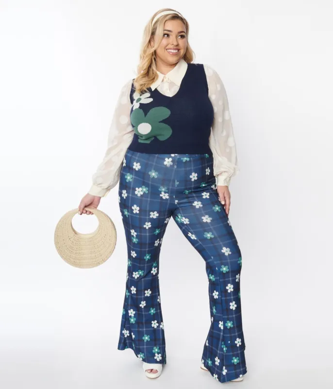 Smak Parlour Plus Size 1970s Blue Plaid & Flower Power Flare Pants sold by Unique Vintage