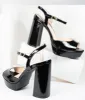 Black Patent Leatherette Peep Toe Platforms sold by Unique Vintage