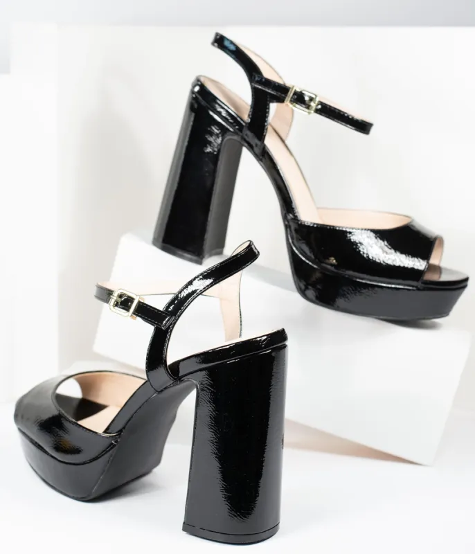 Black Patent Leatherette Peep Toe Platforms sold by Unique Vintage