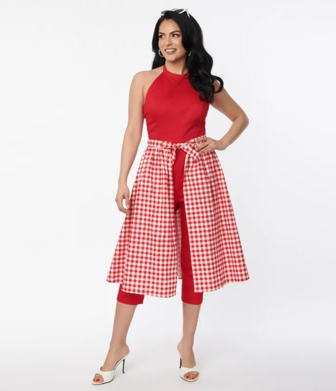 Collectif Red Gingham Skirted Midge Jumpsuit Set sold by Unique Vintage